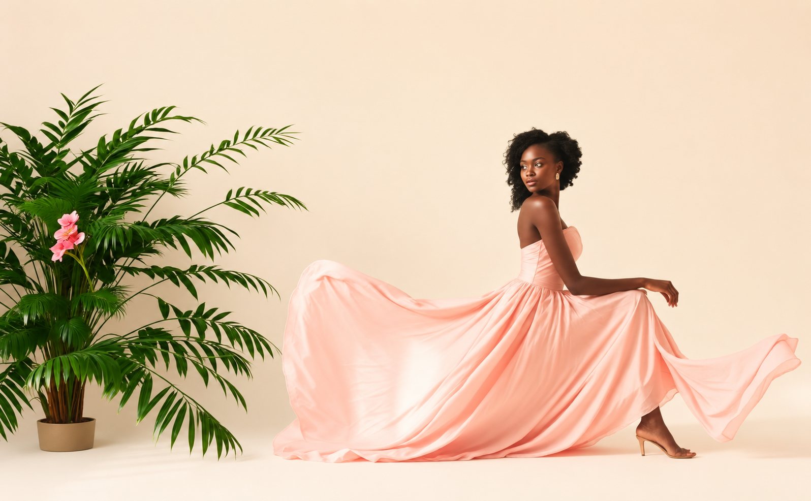 A woman in a flowing blush gown beside a palm, mid-turn — stepping into her Joy Era